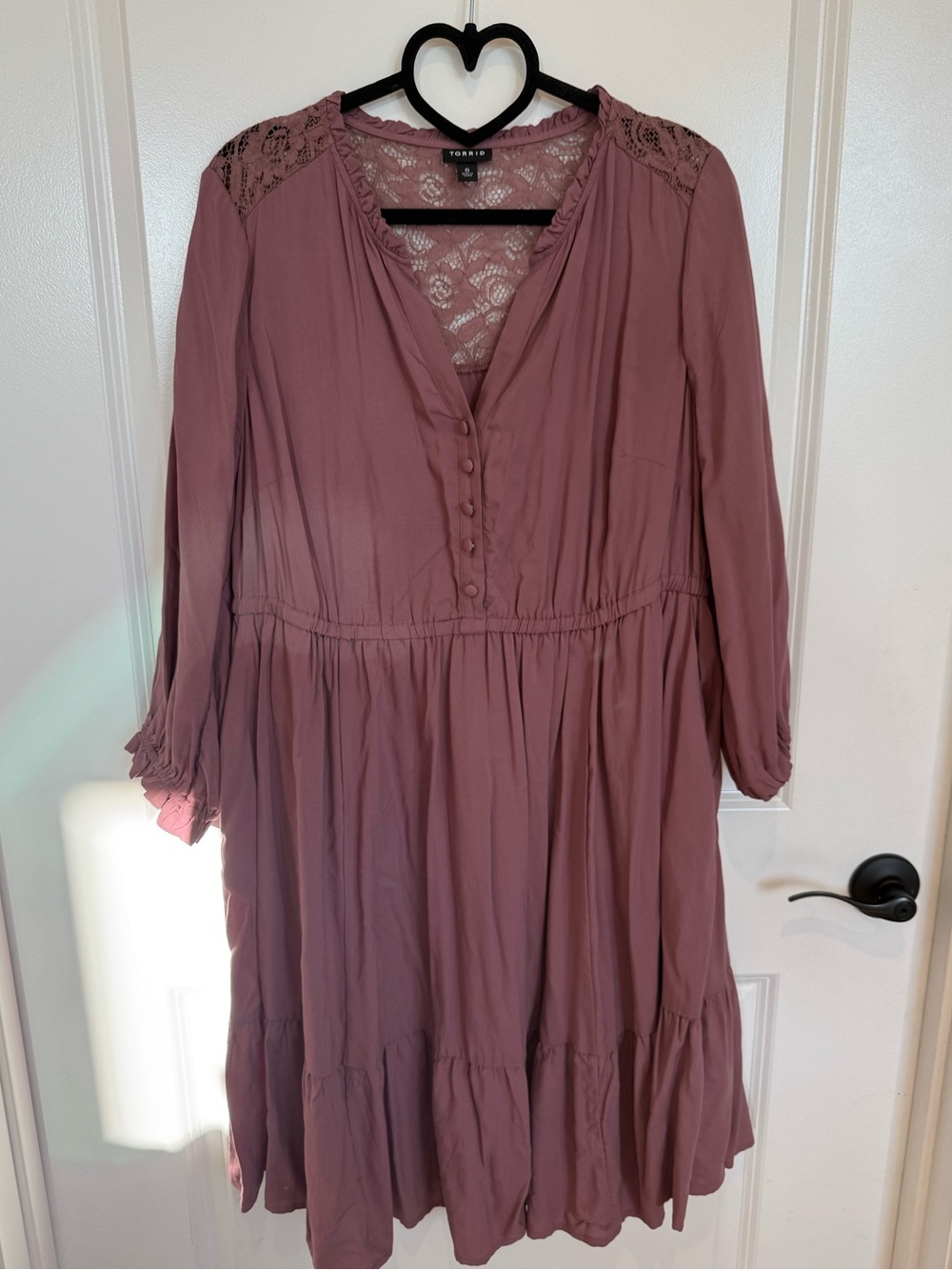 Torrid- mauve lace-trim long sleeve tiered dress